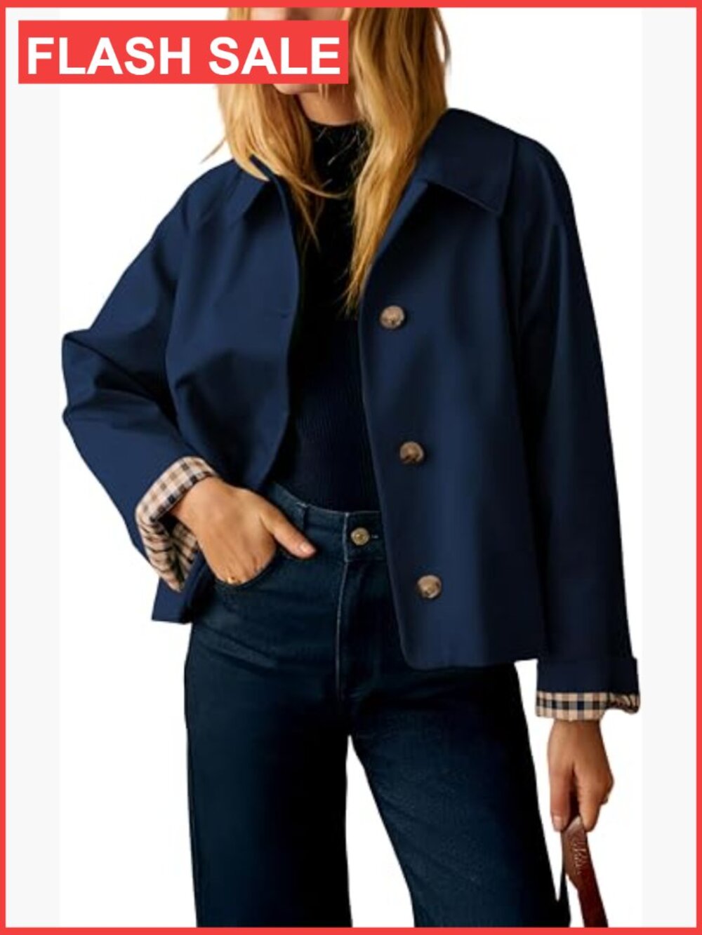 Cropped Trench Jacket Water Repellent Plaid Lining Button Front Loose Fit